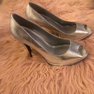 Silver peep toe platform heels